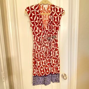 Donna Morgan wrap dress with a unique waist buckle